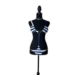 Y2K Navy & White Stripe Sailor Girl Monokini Gold Accent Nautical One Piece